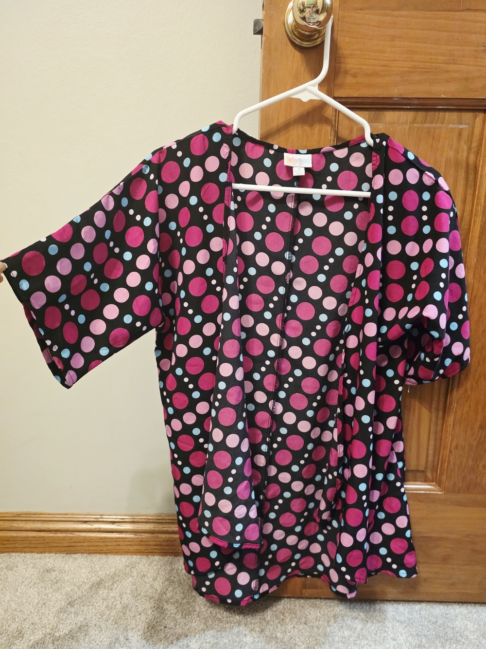 LuLaRoe Kids Open-Front Kimono In Black, Pink and Light Blue Polka Dots